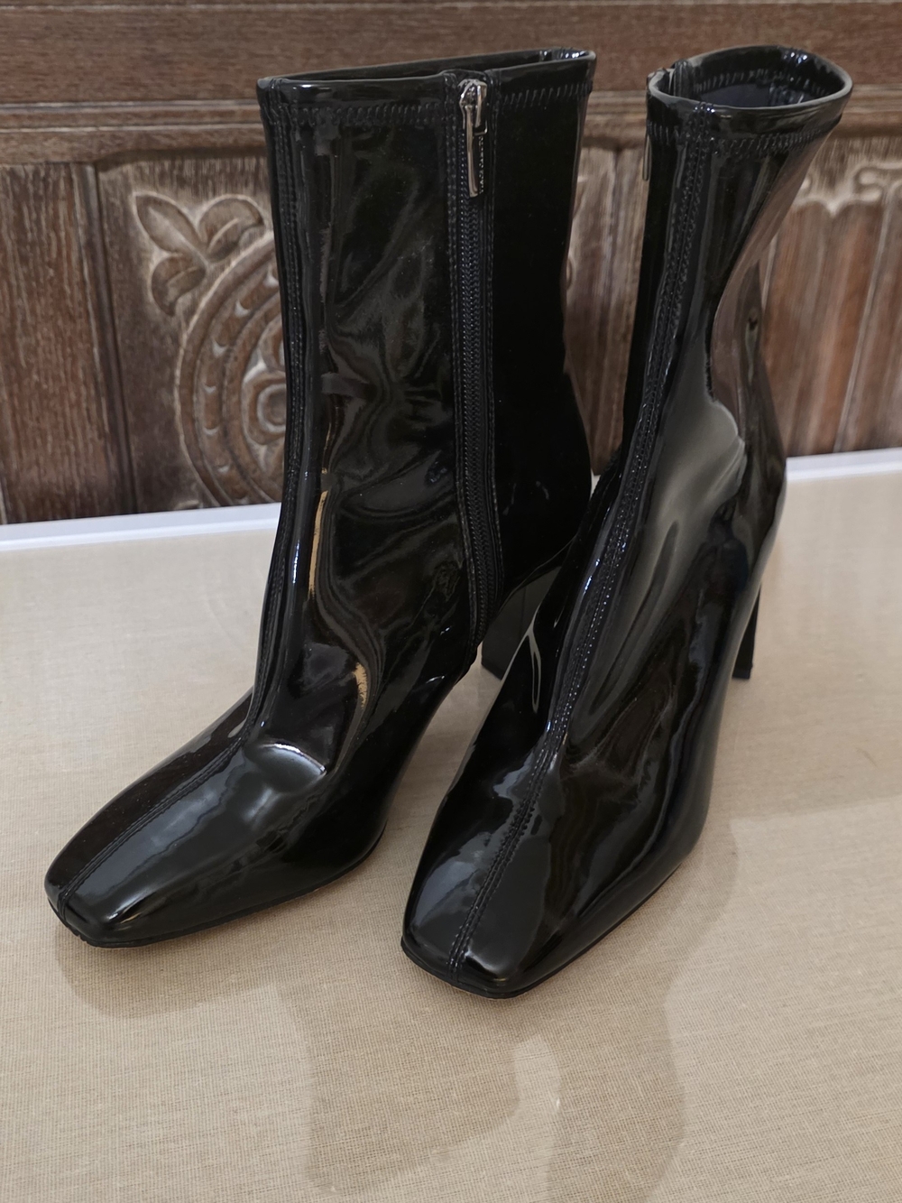 Vince Camuto Black Patent Square-Toe Ankle Booties with Side Zip